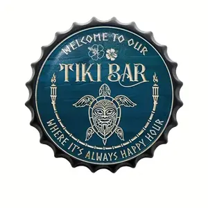 Tiki Bar Metal Sign, 13.8" Beer Bottle Caps Design, Tropical Themed Wall Decor for Home Bar, Kitchen, Backyard, Patio, No Electricity Needed, Wall Mount, Featherless