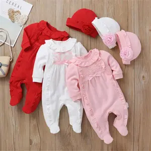 Infant Baby Girl Ruffled Cotton Footies Footed Overall Romper with Hat Toddler Baby Footed Jumpsuit