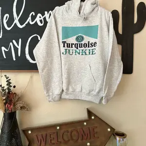 Turquoise Junkie Hoodie - Grey Sweater with Turquoise Graphic, Front Pocket, Stylish and Classic Design for Men