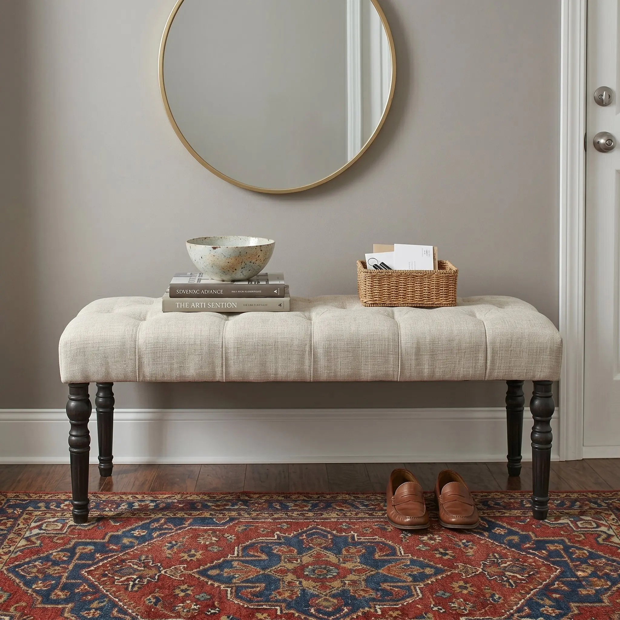 Leviton Fabric Tufted Turned Leg Dining Bench, Tan Leviton Fabric Tufted Turned Leg Dining Bench, Tan