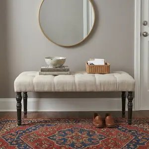 Leviton Fabric Tufted Turned Leg Dining Bench, Tan