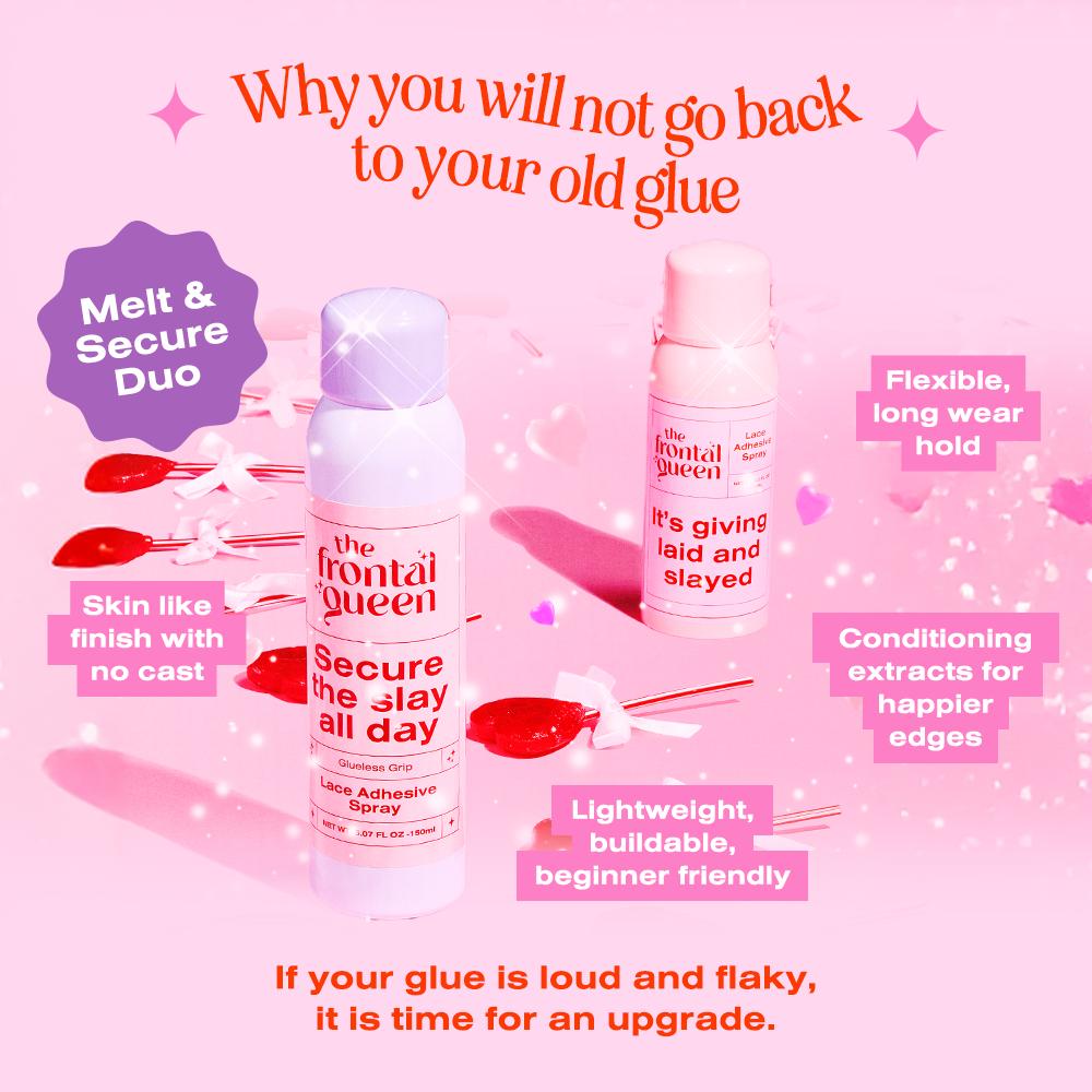 The Frontal Queen Melt & Secure Duo – No White Cast Lace Melting Spray + Strong Hold Lace Adhesive Spray for Sweatproof, Long-Lasting Wig Installs | Humidity-Resistant, Flawless Hairline Melt System for Frontals, Closures, and Glueless Wigs