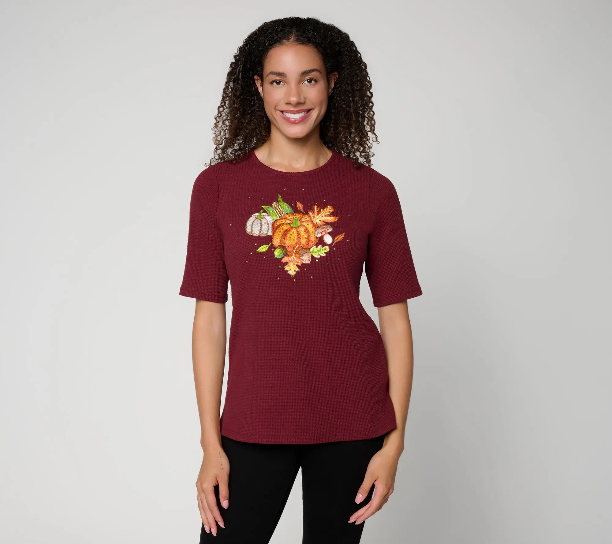 Quacker Factory Fall Fling Waffle Knit Elbow Sleeve Top