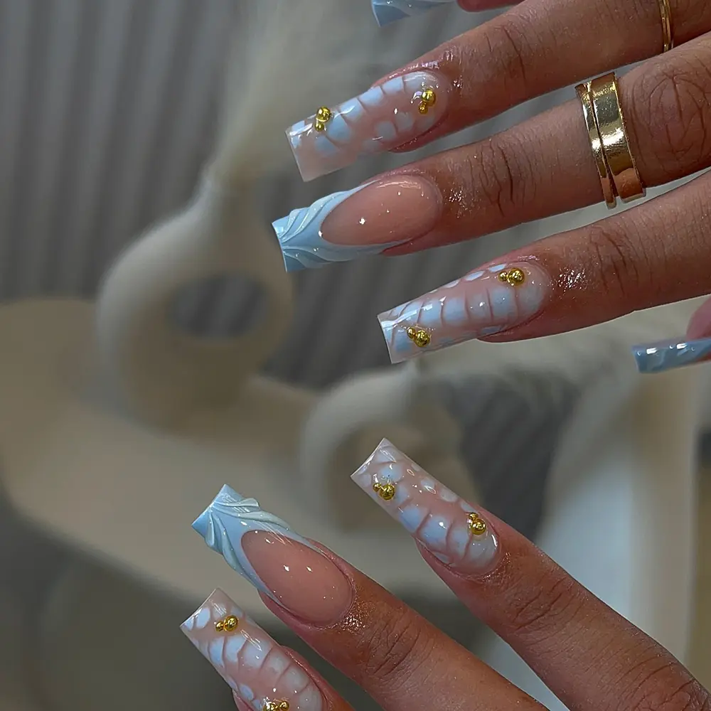 24pcs Medium Length Square Press-On Nails, Nail Extensions, Light Blue French Style, Leopard Print Design, Nail Art Design, Glossy Finish, Acrylic False Nails Set for Women and Girls