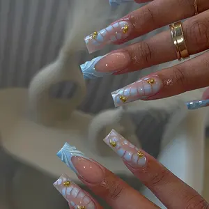 24pcs Medium Length Square Press-On Nails, Light Blue French Style, Leopard Print Design, Nail Art Design, Glossy Finish, Acrylic False Nails Set for Women and Girls