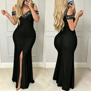 Women's Elegant Wrap Bodycon Dress, Rhinestone Embellished Ruched Split Formal Dress, Wedding Guest Dresses for Party Evening Gown, Cocktail Dress