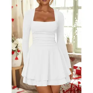 S3-1403 WOMEN'S sports dress square neck ruffle hem long sleeve pleated waist tight corset sports short dress