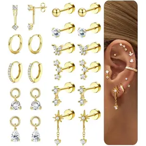 CASSIECA Women's Hypoallergenic 14 Karat Gold-Plated Surgical Steel Flat Back Earring Stacks Set, Small Studs & Hoops for Cartilage, Helix, Tragus, Earring for Women for Multiple Piercing Daily Wear Stacked Look
