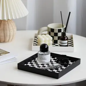 Nordic style black and white checkered desktop tray, square and crescent-shaped storage tray, document organizing tray
