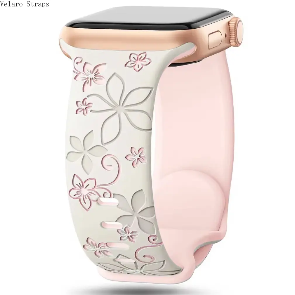 Floral Engraved Two-Tone Silicone Watch Strap, Soft Sport Band for Apple Watch All Series Ultra SE 4-9