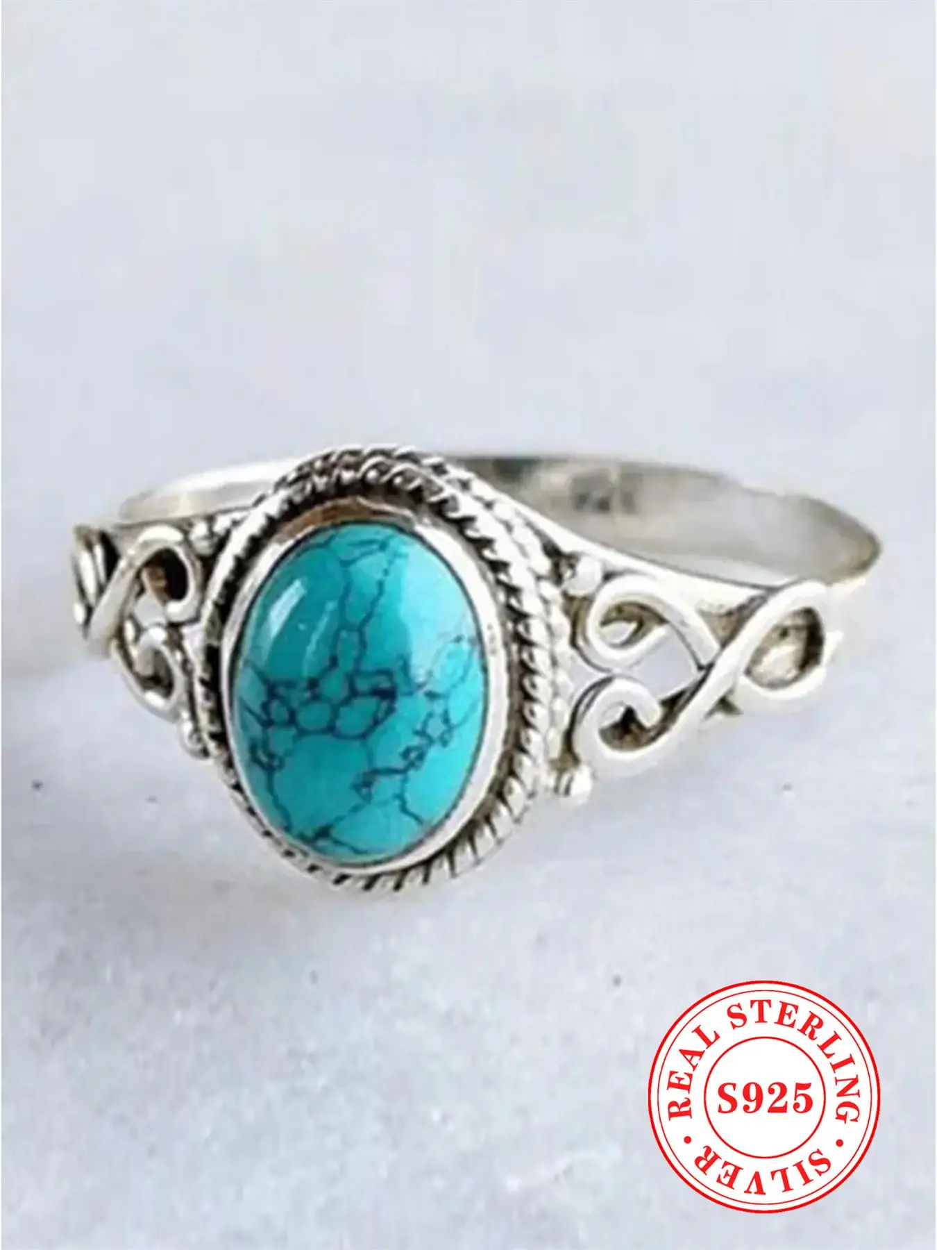 925 Sterling Silver Vintage Turquoise Texture Decor Ring, Fashion Jewelry for Party, Daily Clothing Decor, Trendy All-match & Exquisite Jewelry for Bi