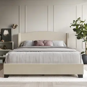 Liora Linen Upholstered Bed Classic Wingback Chrome Nailhead Trim Built In Storage Premium Polyester Linen Platform Bed