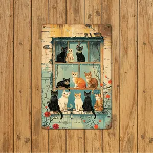 Vintage Tinplate Wall Art, Charming Rustic Design Cat Silhouette Metal Sign, Weatherproof Home Decor for Home, Cafe, Indoor/Outdoor Spaces