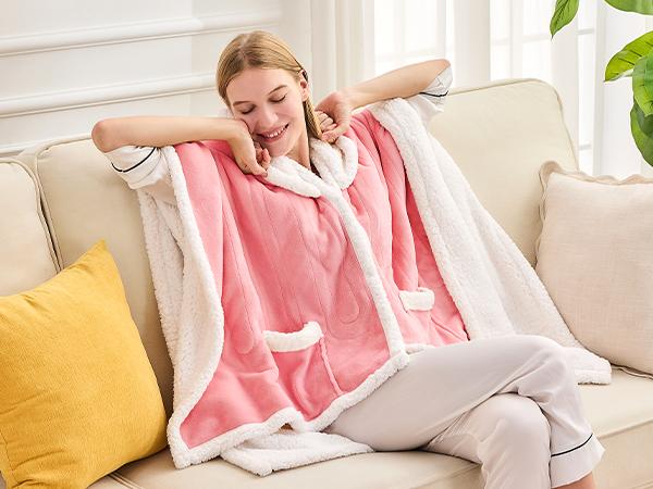 greenoak Wearable Heating Blanket Electric Shawl - Adult Heating Robe Cloak Blanket Hoodie, Wiend, Grandma, 5-person Timer, 10 Heating Levels, Grey