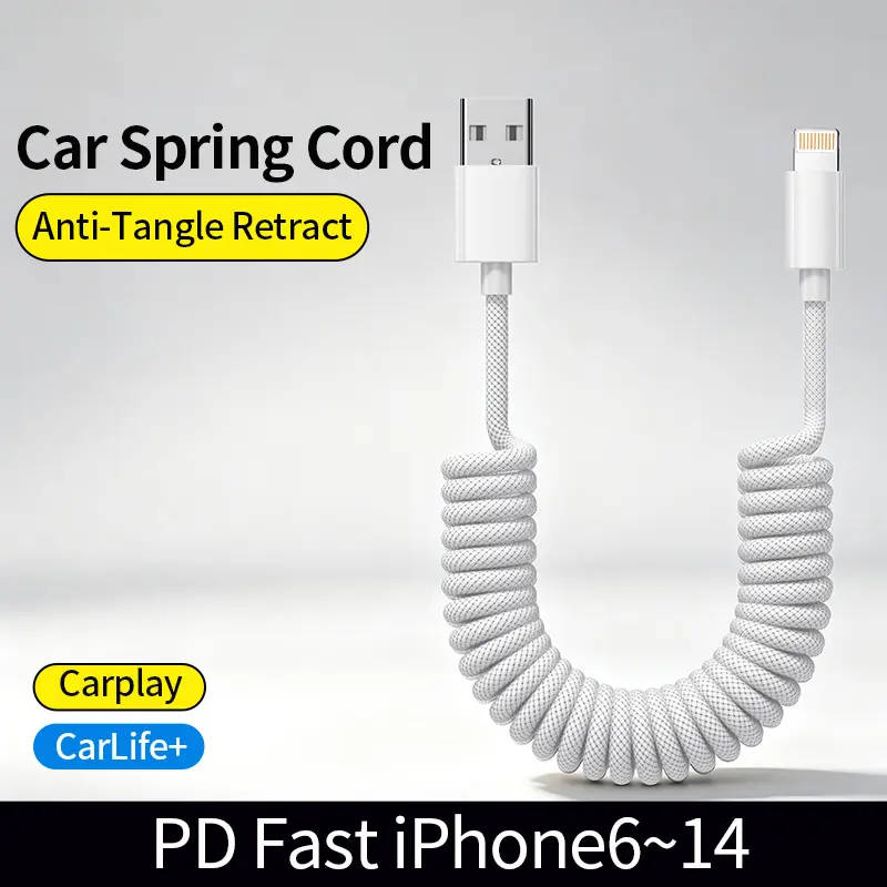Kaxoe CarPlay Compatible Car Charging Cable,Coiled Spring cable,Nylon Braided Cable,30W fast Charging Cable,USB-A to Lightning Cable,Compatibility for iPhone 6-14 plus Pro Max,CarPlay,Elastic Cable,Fast Charging Cord,spring cable