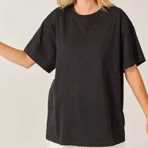 T0015-Solid T-shirt with Rhinestones Casual