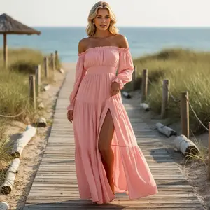 Women's Boho Elegant Off Shoulder Short Sleeve Smocked Side Split Flowy A Line Tiered Long Maxi Dress Gift for Girlfriend