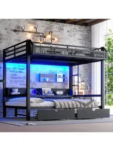 Bellemave  Bunk Bed with Storage Shelves and Drawers,Multifunctional Metal Bunk Beds with USB Ports and LED Lights, Lower Bed that can be converted into a sofa