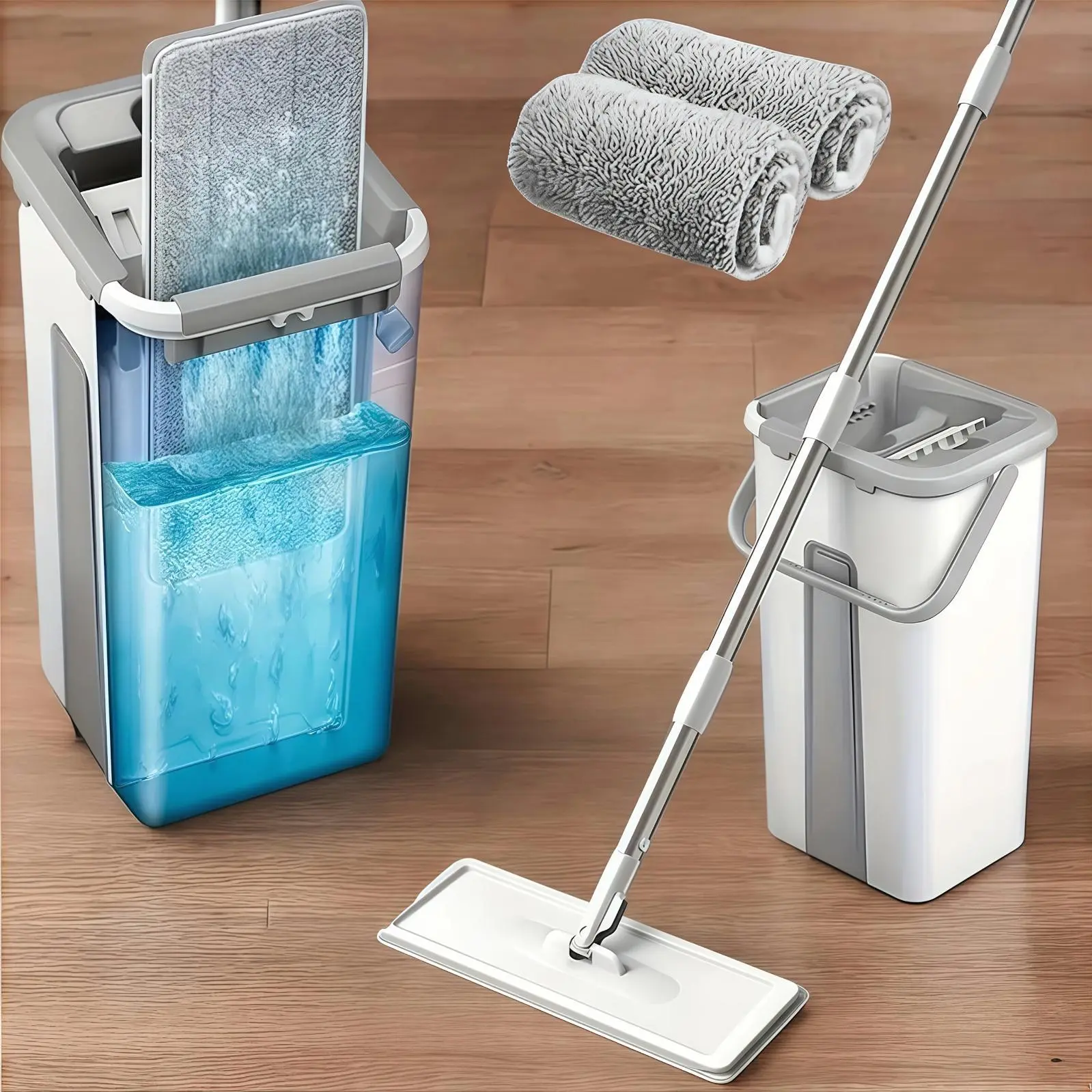 Hands-free Flat Mop And Bucket Set With Long Handle, Wringer, 2 Reusable Microfiber Pads, 360° Flexible Swivel For Floor Cleaning And Wall Cleaning, Mop And Bucket Cleaning Set