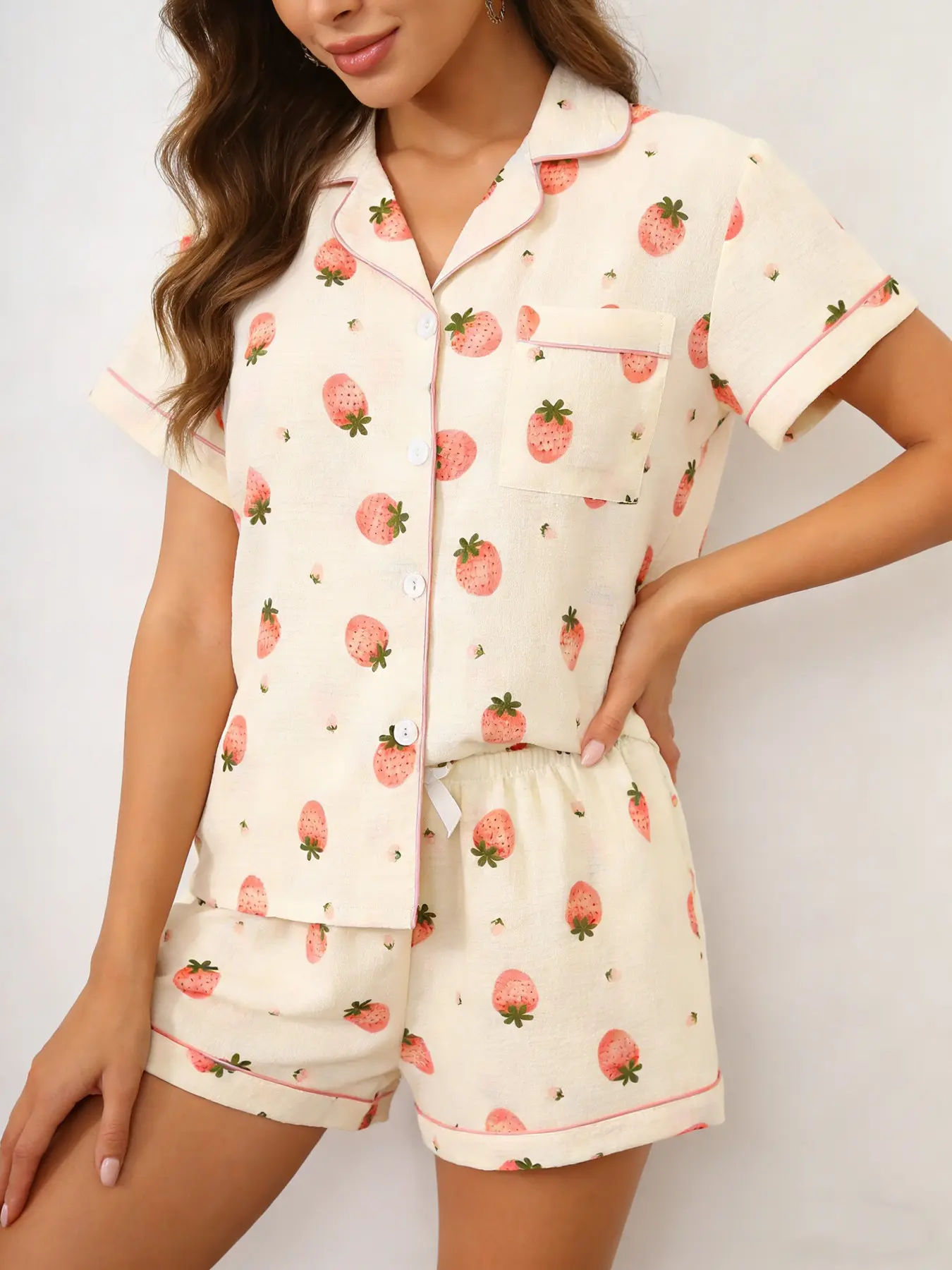 Cute Strawberry Print Pajama Set for Women, Button Down Short Sleeve, Spring & Summer, Pjs, Soft Pink Strawberries on Cream Base, Sweet Home Outfit, Cute Pajama Sets