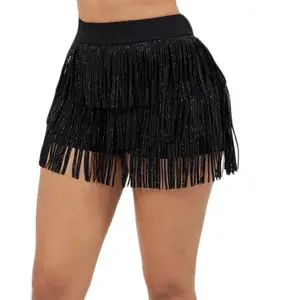Brielle Shorts Tassel Fringe Skort Stone and Rhinestone Tassel Fringe 60% Rayon 35% Nylon 5% Spandex Minimalist Womenswear Bottom