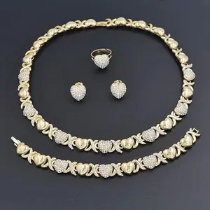 AuraTWOMEN'S Jewelry Necklace Set 18K Gold-plated Bride Bridesmaid Fashion Rhinestone Wedding Jewelry Necklace Earrings Bracelet Ring 4PCs Setv