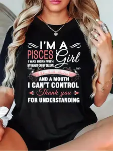 Women's Pisces Zodiac Sign T-Shirt - Pisces Heart on Sleeve & Fire in Soul Graphic, Casual Round Neck Short Sleeve Blouse, Black Grey White Dark Red Colors for Pisces Season Outfits & Casual Attire (all-Season)