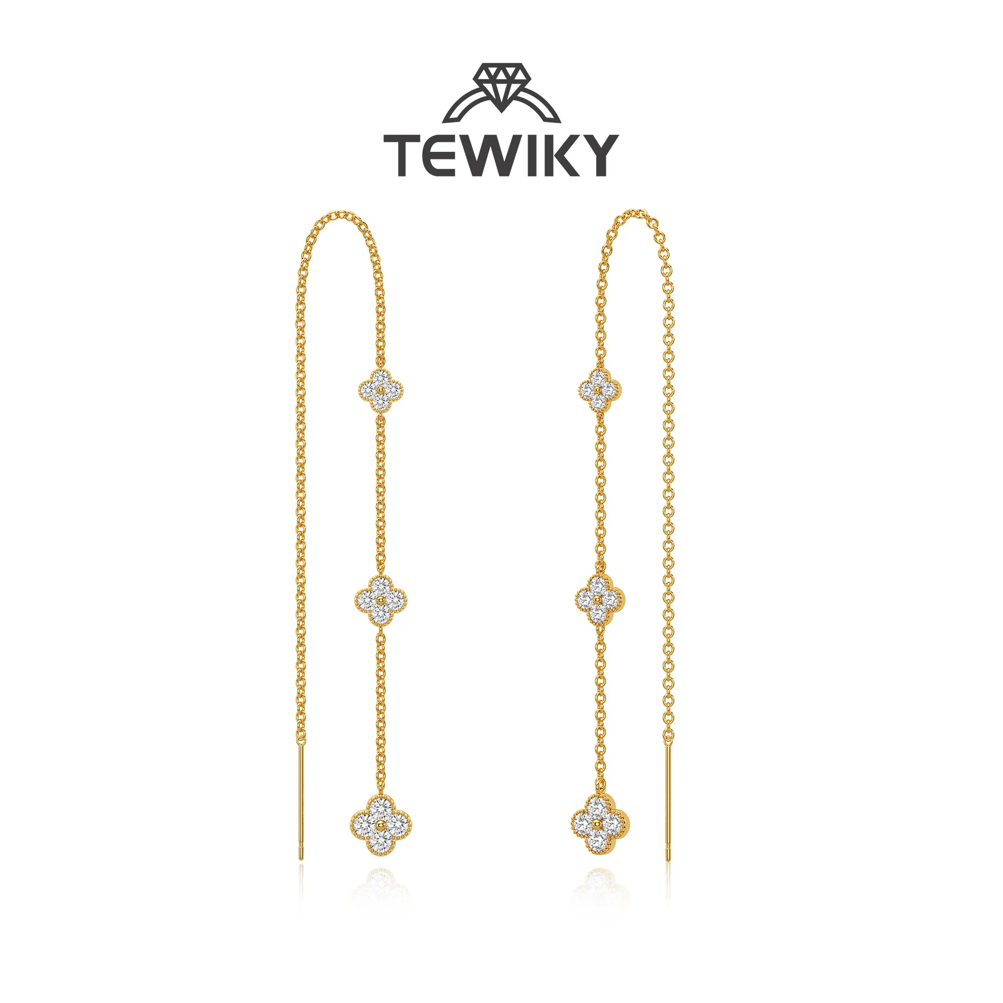 TEWIKYGold Four Leaf Clover Earrings for Women, CZ Clover Threader Earrings, Lucky Charm Dangle Earrings, Sparkly Gold Earrings, Dainty Jewelry, Aesthetic Earrings, Waterproof Jewelry, Trendy Fashion Jewelry, Gift for Her