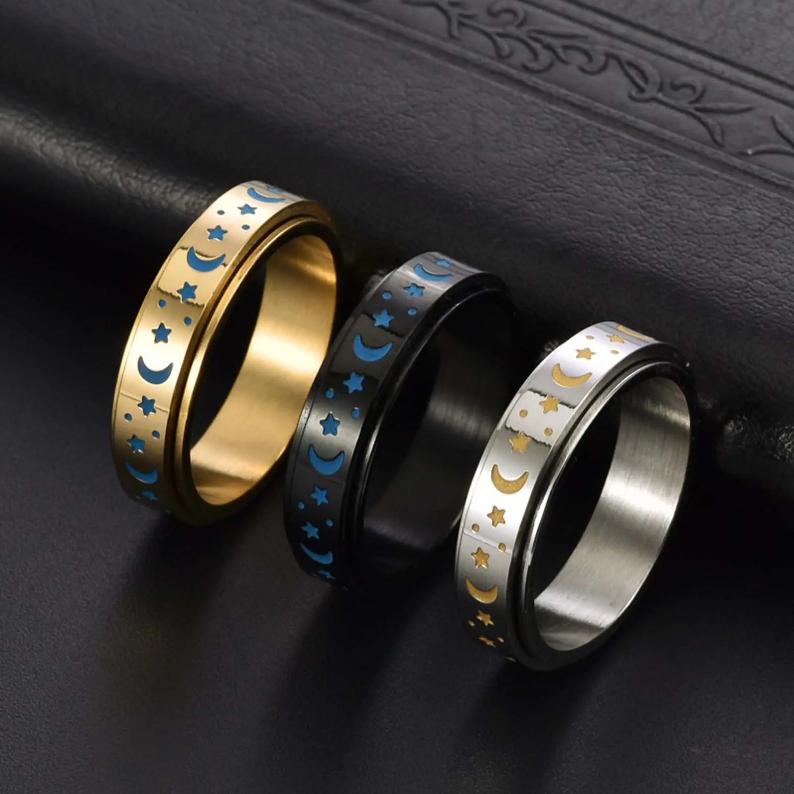 Stainless Steel Glow Moon and Star Spinner Ring Fidget Jewelry Gift for Men and Women