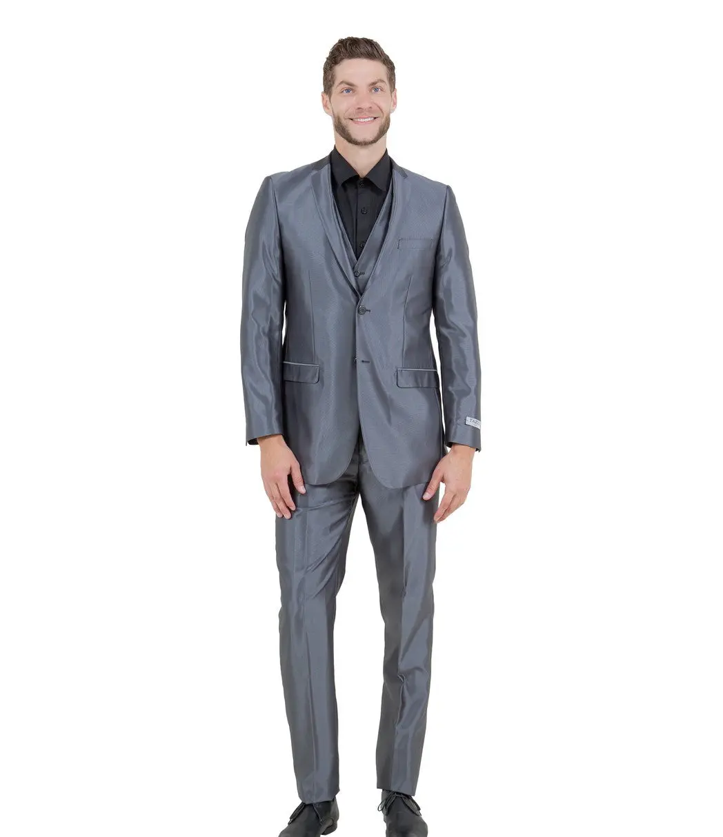 Sharkskin 3-Piece Slim Fit Suit with Five-Button Vest - Dark Grey