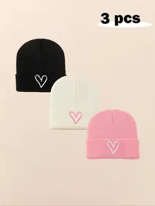 3pcs Baby Beanie Hat, Heart Embroidery, Infant Newborn Toddler, Winter Warm Knit Cap, Casual Style, Fall & Winter, Beanies