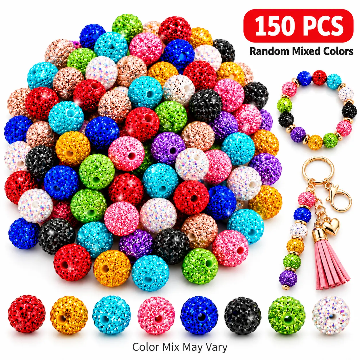 150PCS 10mm Rhinestone Pave Beads Assortment - Sparkly Round Disco Ball Beads for DIY Jewelry, Glamorous Beading & Jewelry Making Supplies