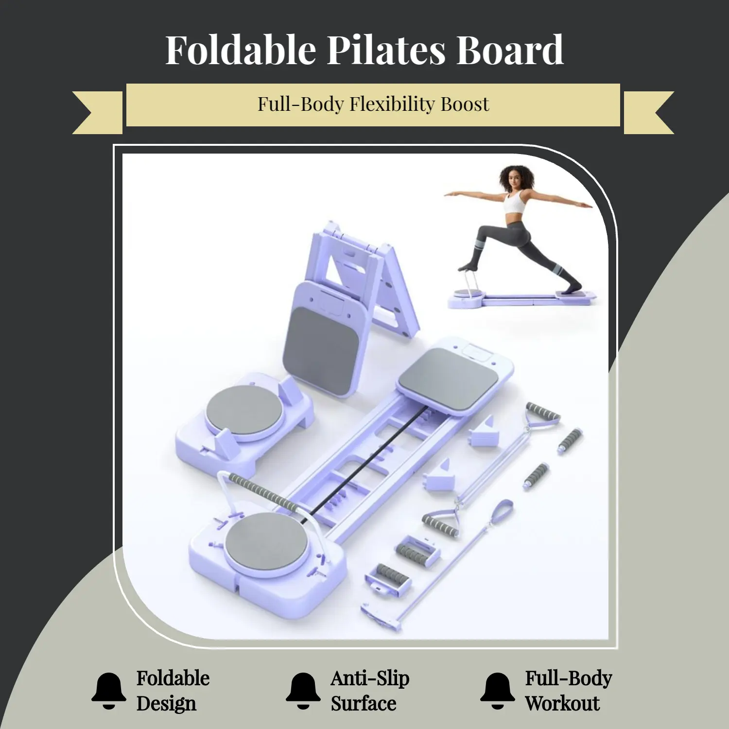 Foldable Pilates Reformer Board, Multifunctional Home Pilates Trainer with Rotating Platform & Resistance Bands, Full Body Workout Fitness Equipment sohochic