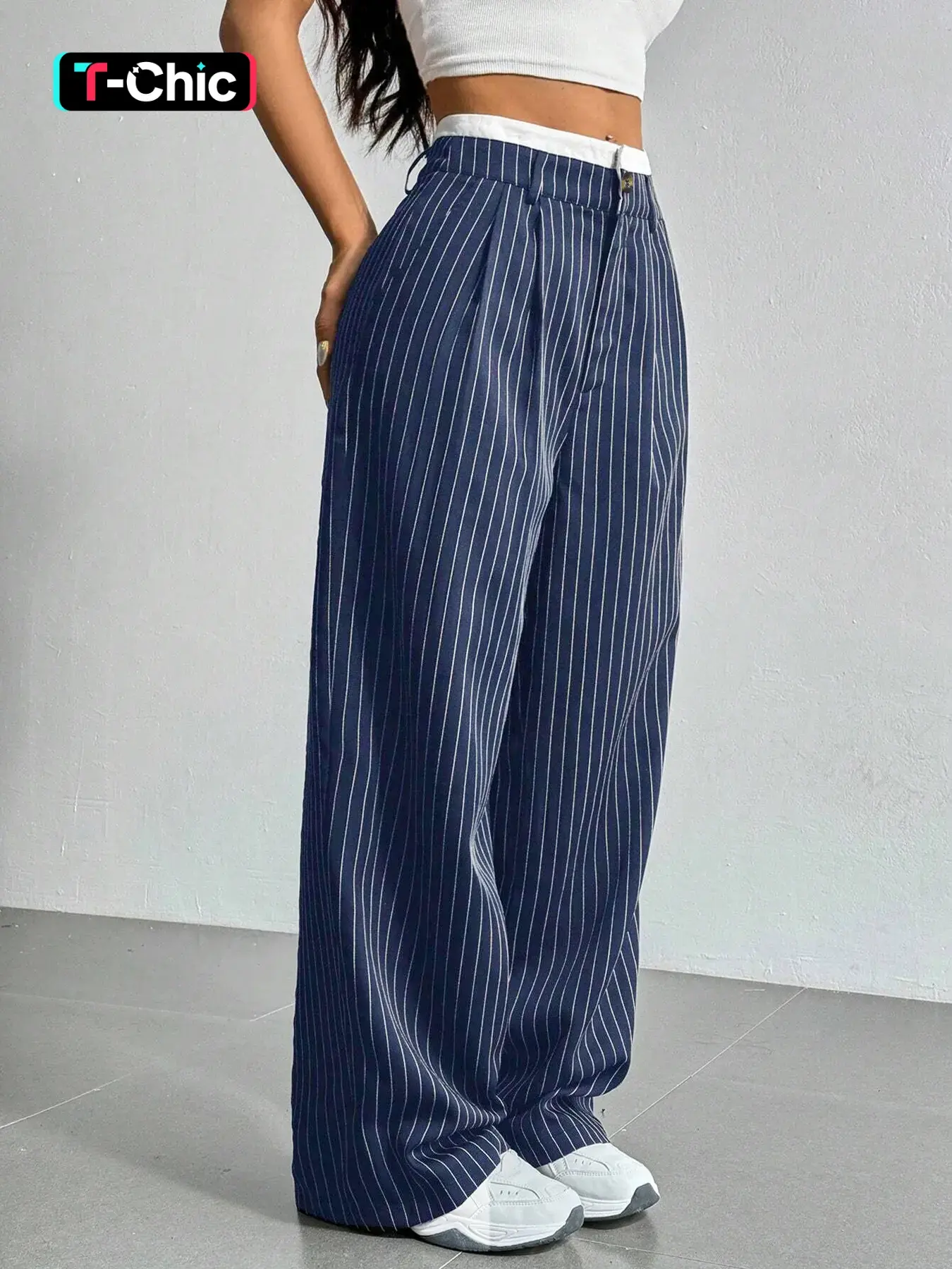 Women's Wrinkled Striped Wide Leg Pants, Casual Lounge Pant, Casual Trousers, Casual Comfortable Daily Wear, Stylish Ladies' Fashion Bottoms for Spring & Fall Seasons