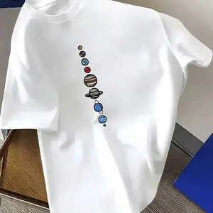 White Graphic Tee With Solar System Planets Design Unisex Vintage Style 100% Cotton Crew Neck Summer Outfits Machine Washable Funny Graphic Tees Space Themed Apparel Short Sleeve Tops 220g Cotton