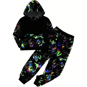 Boy's 2 Piece Reflective Splash Ink Print Long Sleeve Hoodie Sweatshirts and Sweatpants Set