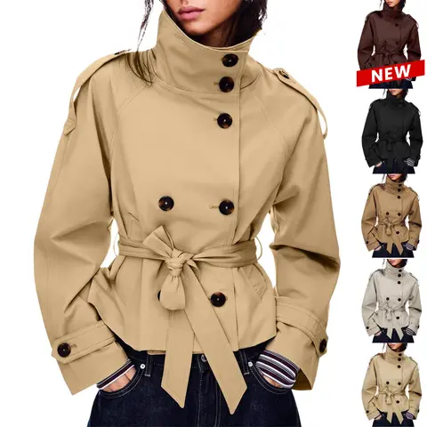JovenPara Women's Cropped Trench Coat Double Breasted Short Jacket High Collar Fall Winter Coats Trendy Outfit with Belt