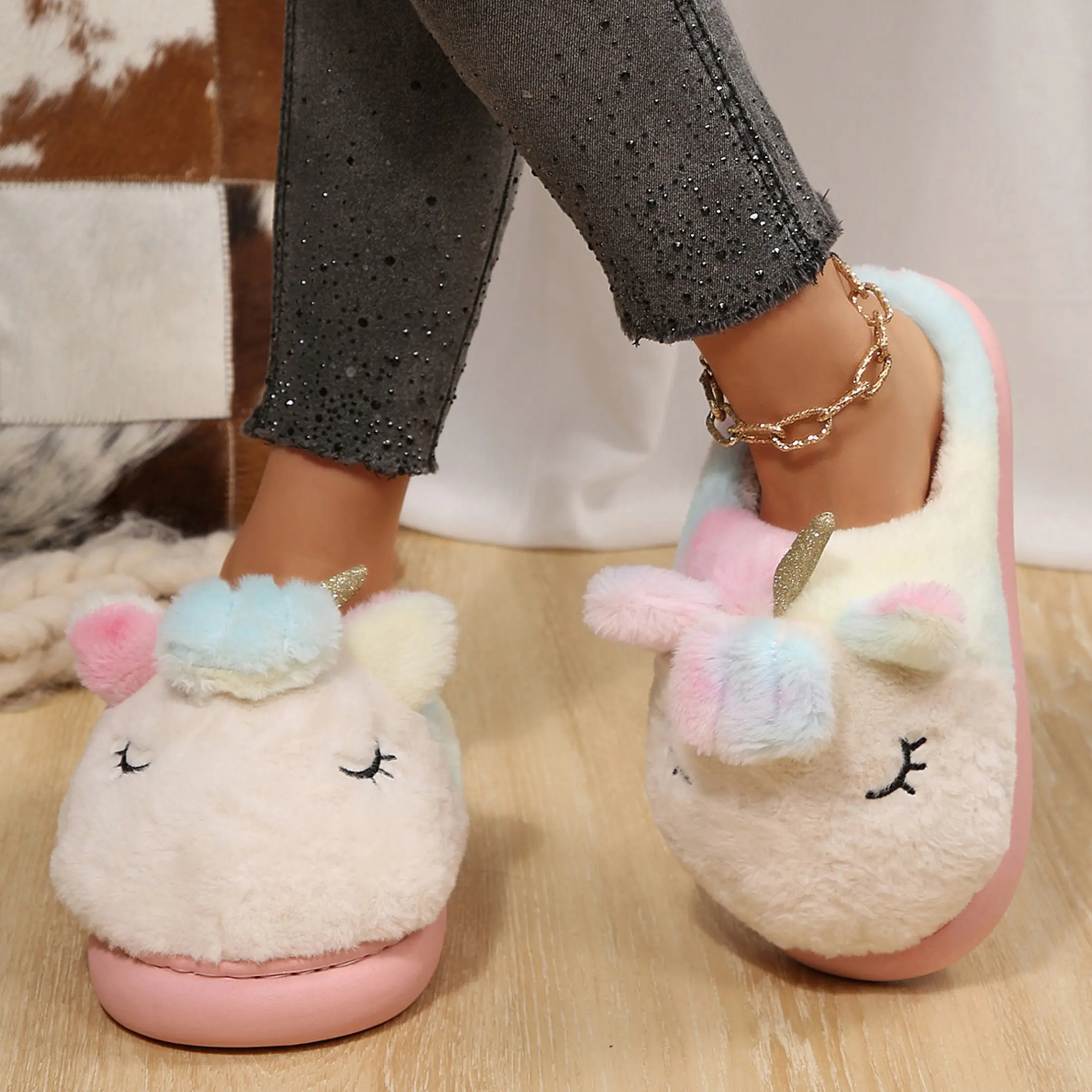 Women's Cute Unicorn Plush Slippers Animal Plush Home Shoes Fluffy Girls Slippers