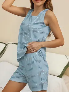 Summer Women's Casual Fitted Homewear Sleepwear Pajama Set, Tank Top Shorts Round Neck, Comfortable Loungewear for Ladies, Perfect for Relaxing at Home