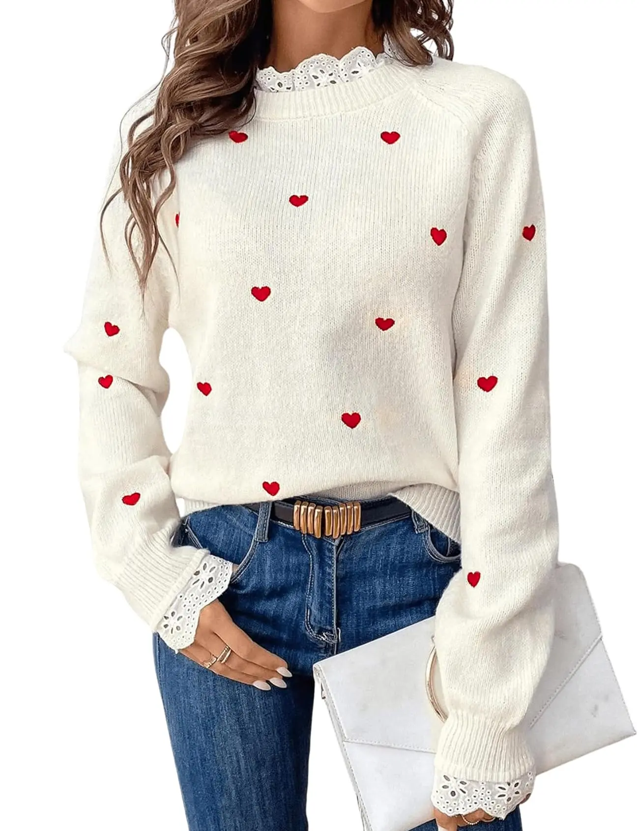 Yimoon Heart Lace Sweater for Women Cute Fall Pullover Trendy Valentine Sweaters Long Sleeve Casual Knit Jumper Top