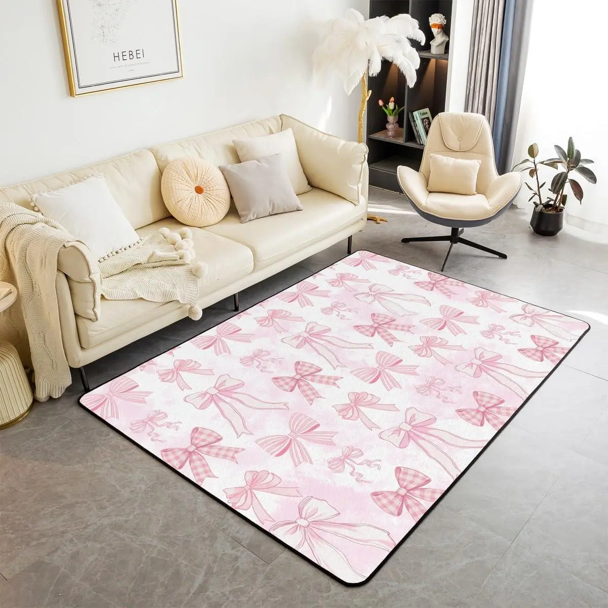 Bowknot Kids Area Rug Cute Pink Bow Ties Print Floor Mats Rugs for Girls Princess Room Decor,Kawaii Bow Decorative Rug for Living Room,Absorbent Carpets