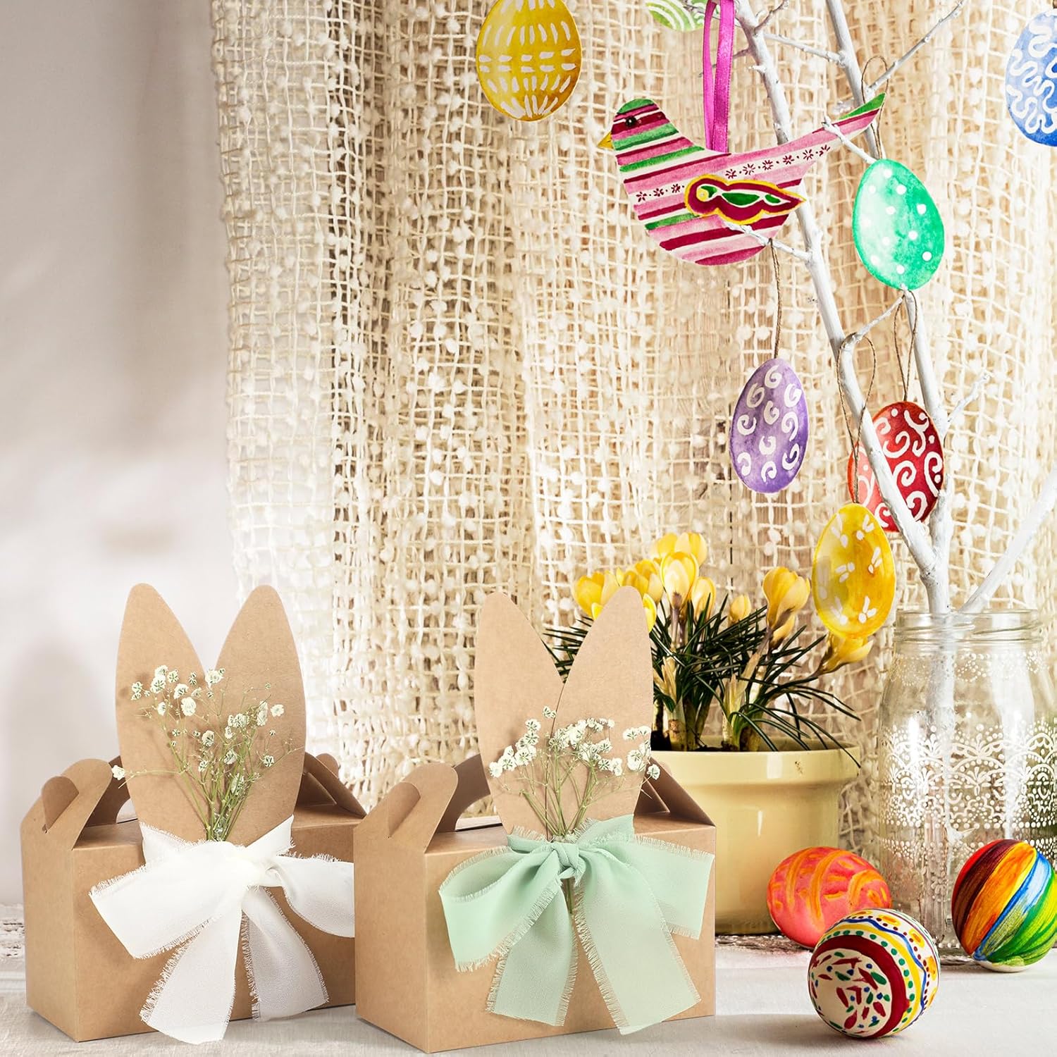 24/48 Pcs Boho Bow Easter Goodie Bags Bunny Paper Bags DIY Bunny Gift Boxes with Neutral Bow Ribbon Artificial Flower Rabbit Ear Treat Bags for Student Teacher Office Employee Coworker,School Classroom Table Decorations,Spring Birthday Wedding Party Favor