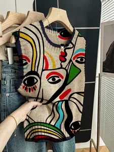 Women's Loose-Fitting Casual Round Neck Sleeveless Knit Top, Deep Blue Colorblock Abstract Face Print, Fall & Winter Fashion, Knitwear Womenswear