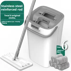 2026 Newest Hands-Free Flat Mop and Bucket Set with Self-Washing Wringer, 6 Reusable Microfiber Pads, 360° Swivel Head for Wet & Dry Use on All Floors, Complete Home Cleaning System
