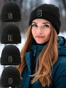 Unisex Y2K Letter Embroidered Knit Beanie Hat, Lightweight Warm Elastic Ribbed Winter Cap, Foldable Cuff Casual Style
