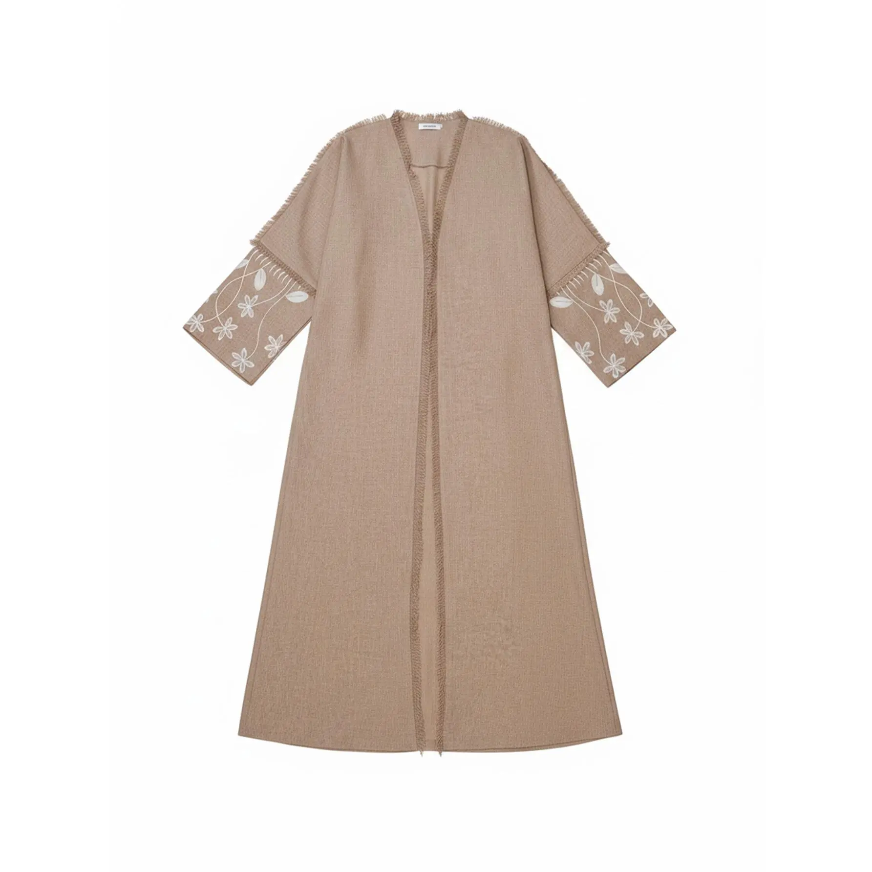 Women's Casual Elegant Earthy Tan Floral Embroidered Open Abaya Kimono Robe | Free 1-Size-Fits-All | Ideal for Ramadan, Beach Vacation, Embroidery