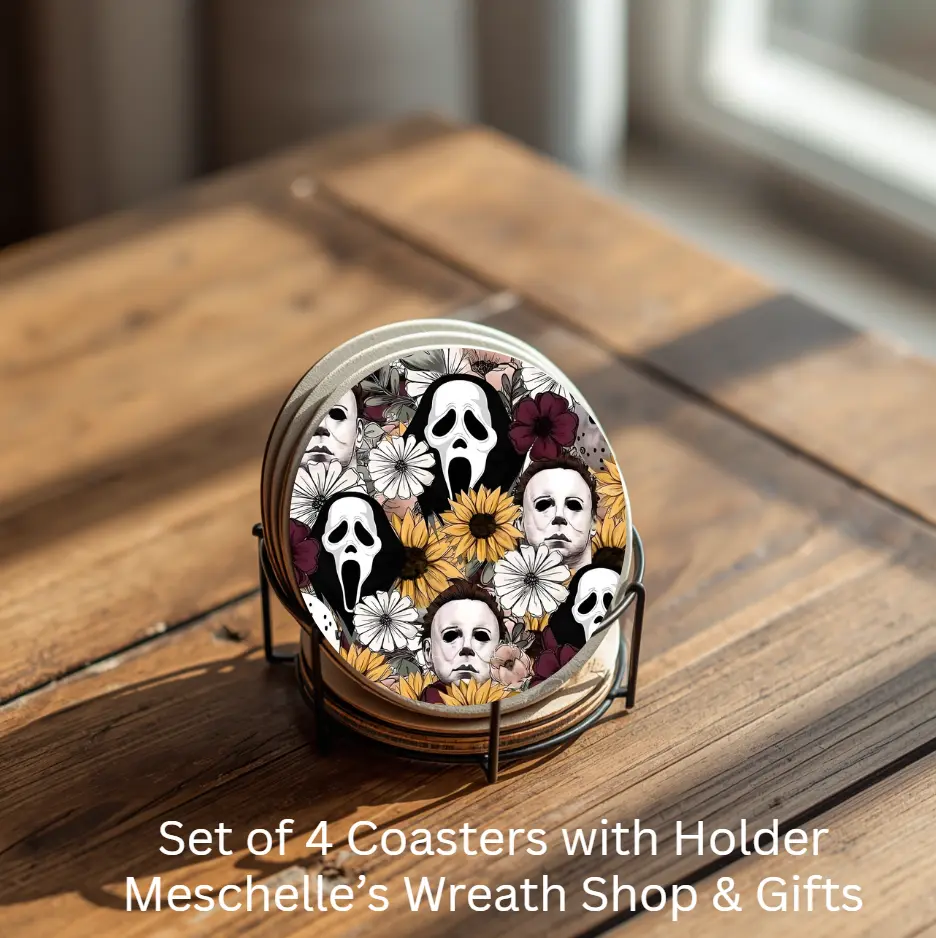 Horror Fall Villains Round Ceramic Coasters Set of 4 with Metal Holder, Tableware for Coffee Drinks