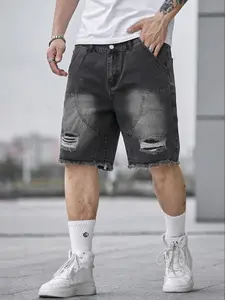 Men's Summer Washed Distressed Jean Denim Shorts, Loose Fit Streetwear Half Pants with Large Pockets, Casual Style, Menswear Fashion