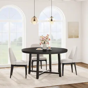 Garvee 47 Inch Round Industrial Dining Table for 4 with Sturdy Metal Frame and Rustic Black Finish for Dining Room Kitchen and Living Room