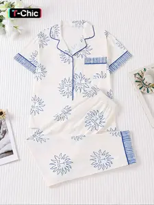 2 pieces of women's Sun God totem printed short sleeved pants Fitted pajama set Womenswear Pjs Loungewear nightwear with pockets suitable for all seasons, fashionable, comfortable, elegant and casual home wear